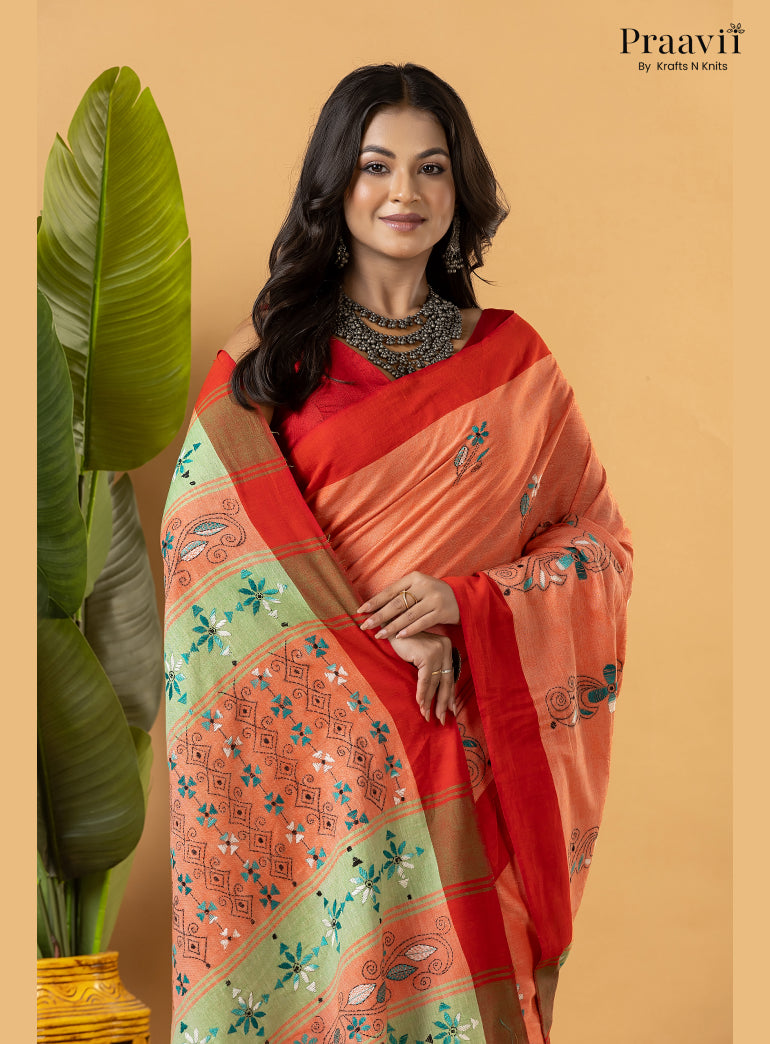 Carrot Colour Pure Cotton Saree with Kantha Stitch Embroidery