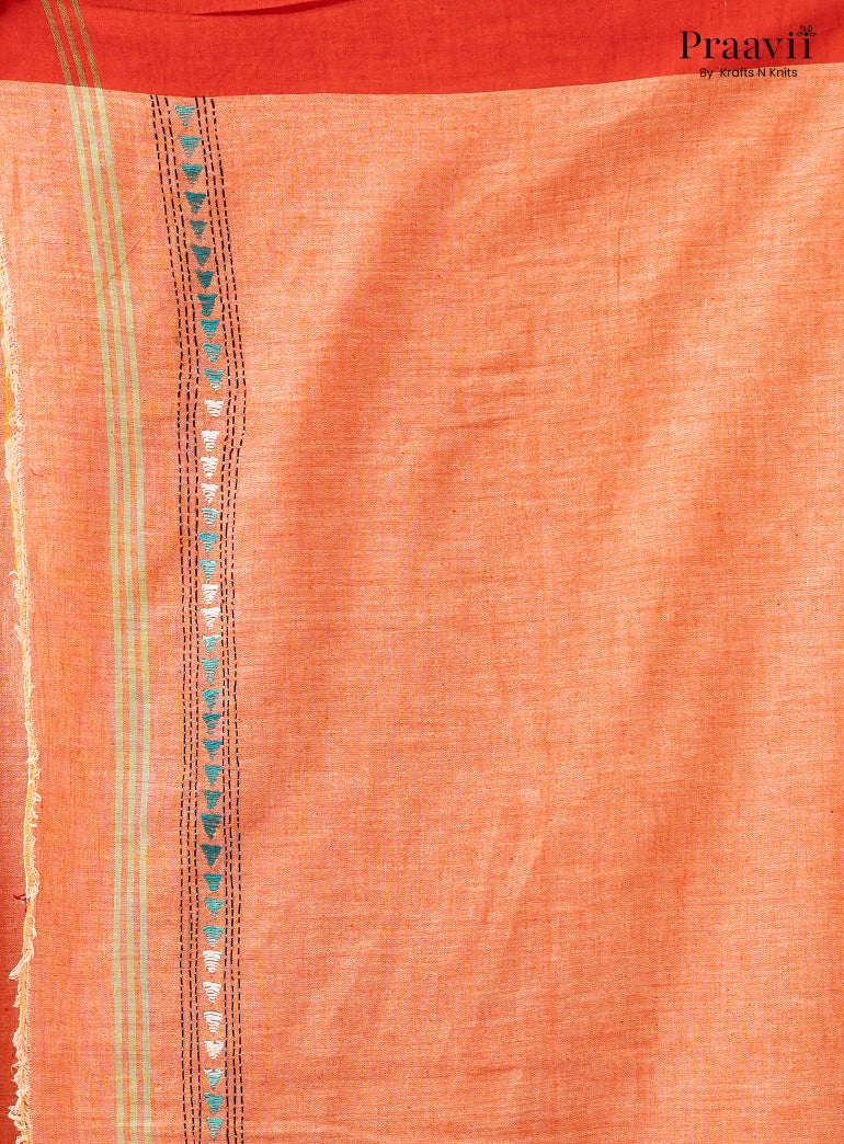 Carrot Colour Pure Cotton Saree with Kantha Stitch Embroidery