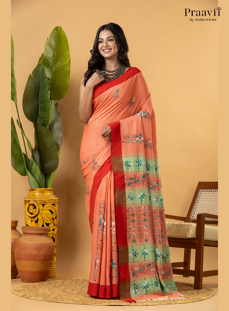 Carrot Colour Pure Cotton Saree with Kantha Stitch Embroidery
