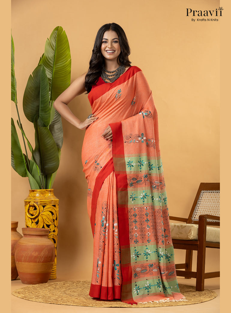 Carrot Colour Pure Cotton Saree with Kantha Stitch Embroidery
