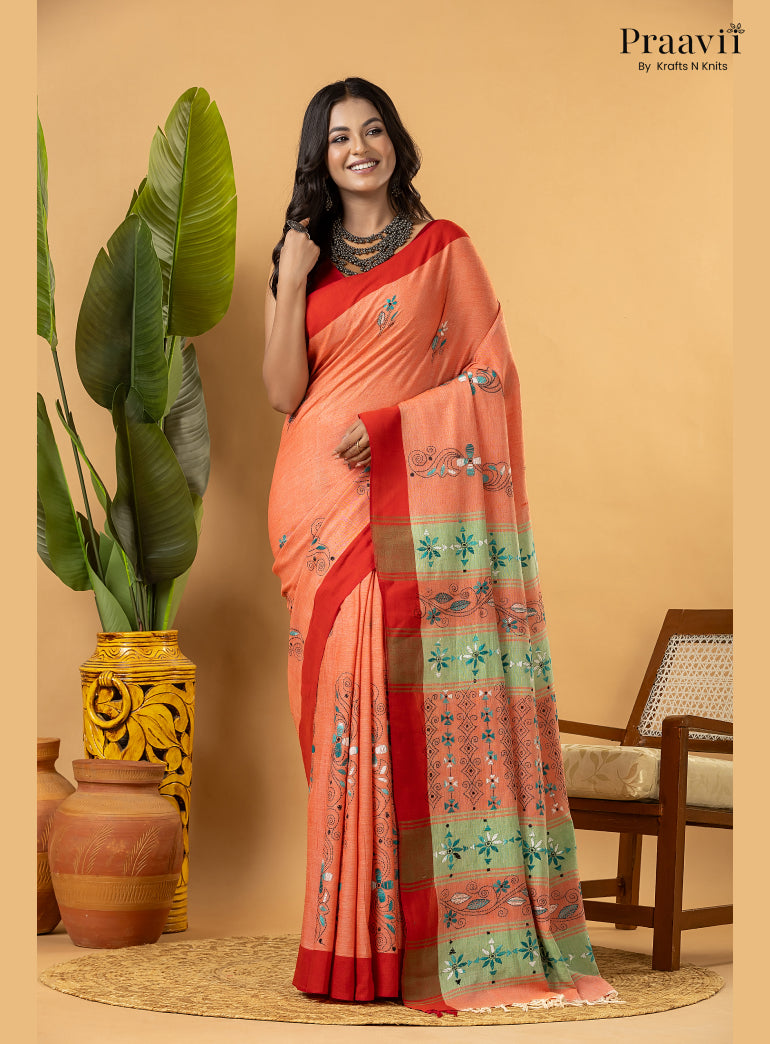 Carrot Colour Pure Cotton Saree with Kantha Stitch Embroidery