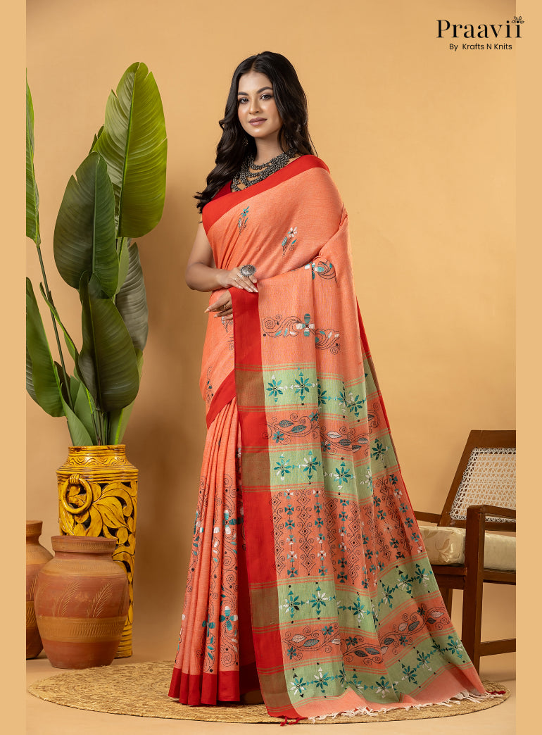 Carrot Colour Pure Cotton Saree with Kantha Stitch Embroidery