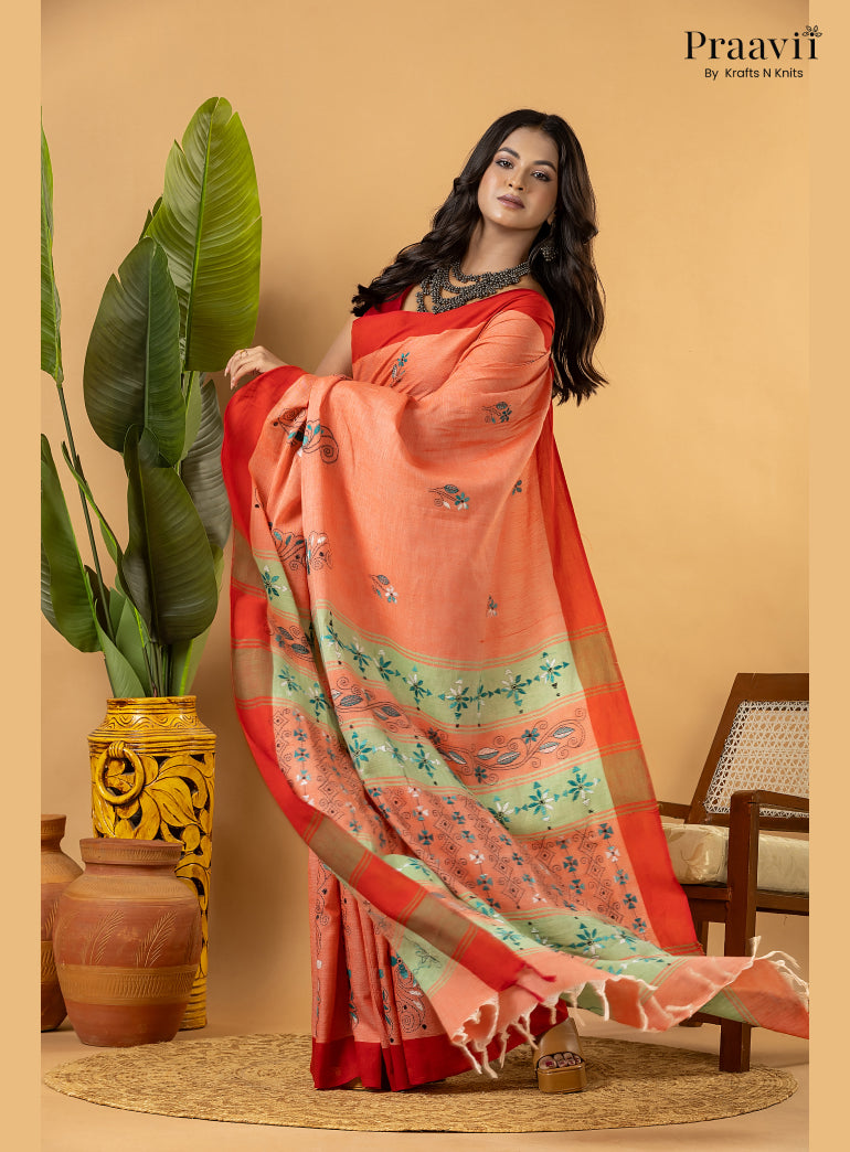 Carrot Colour Pure Cotton Saree with Kantha Stitch Embroidery