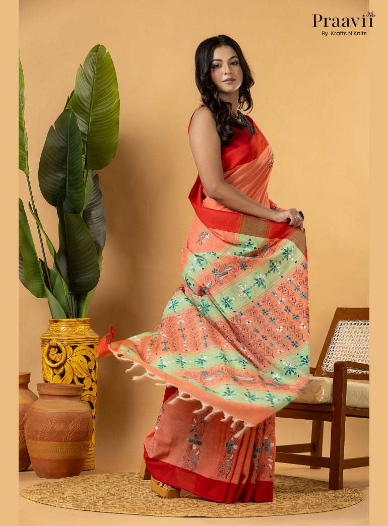 Carrot Colour Pure Cotton Saree with Kantha Stitch Embroidery