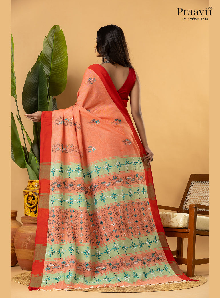Carrot Colour Pure Cotton Saree with Kantha Stitch Embroidery