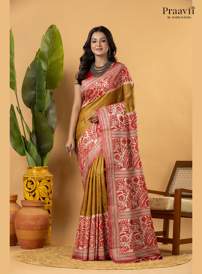 Mustard Pure Gachi by Gachi Tussar Saree with Kantha Stitch