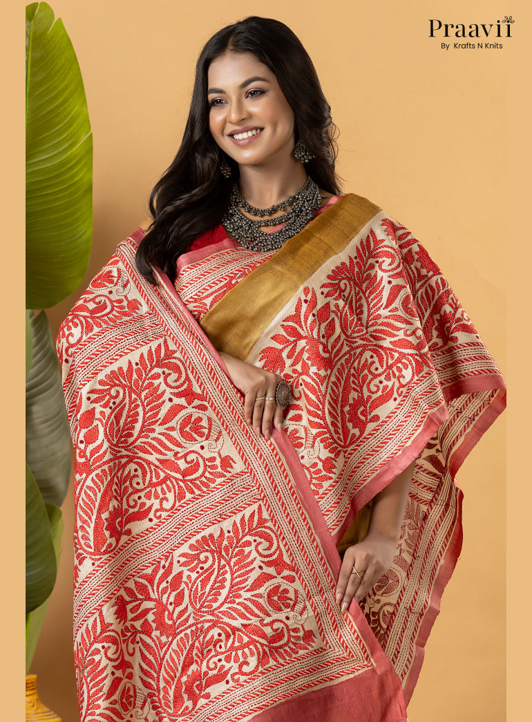 Mustard Pure Gachi by Gachi Tussar Saree with Kantha Stitch