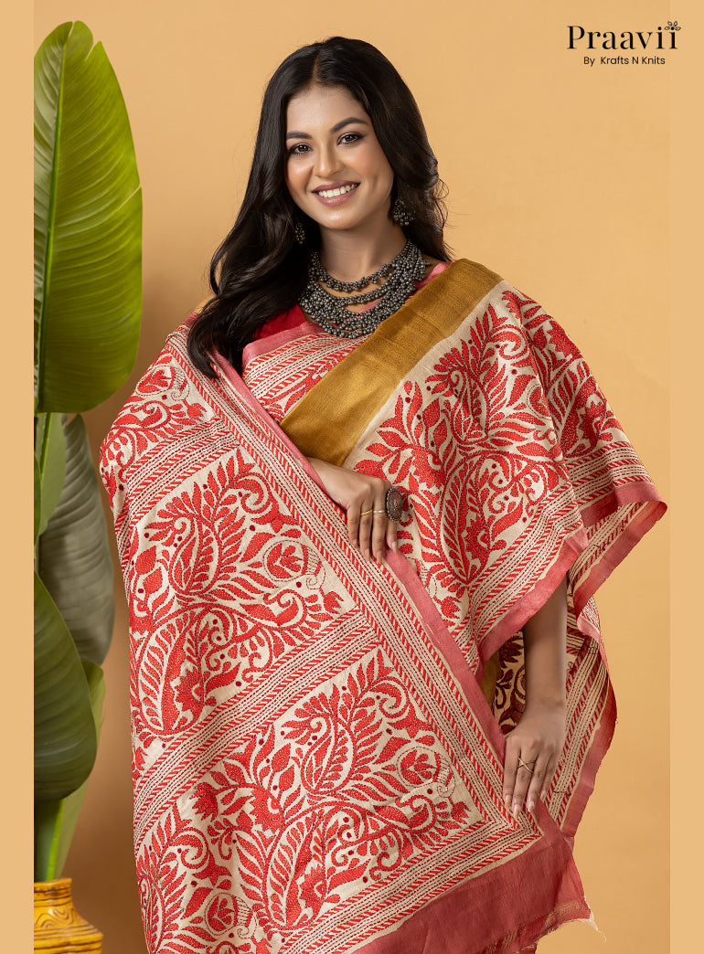 Mustard Pure Gachi by Gachi Tussar Saree with Kantha Stitch