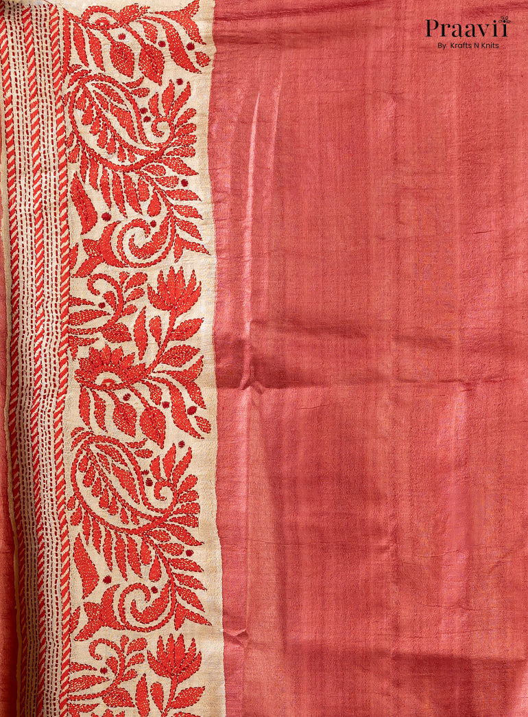 Mustard Pure Gachi by Gachi Tussar Saree with Kantha Stitch