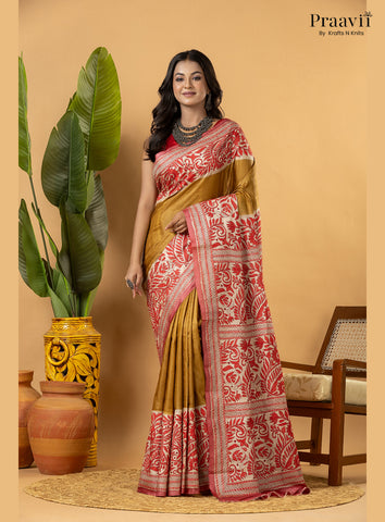 Mustard Pure Gachi by Gachi Tussar Saree with Kantha Stitch