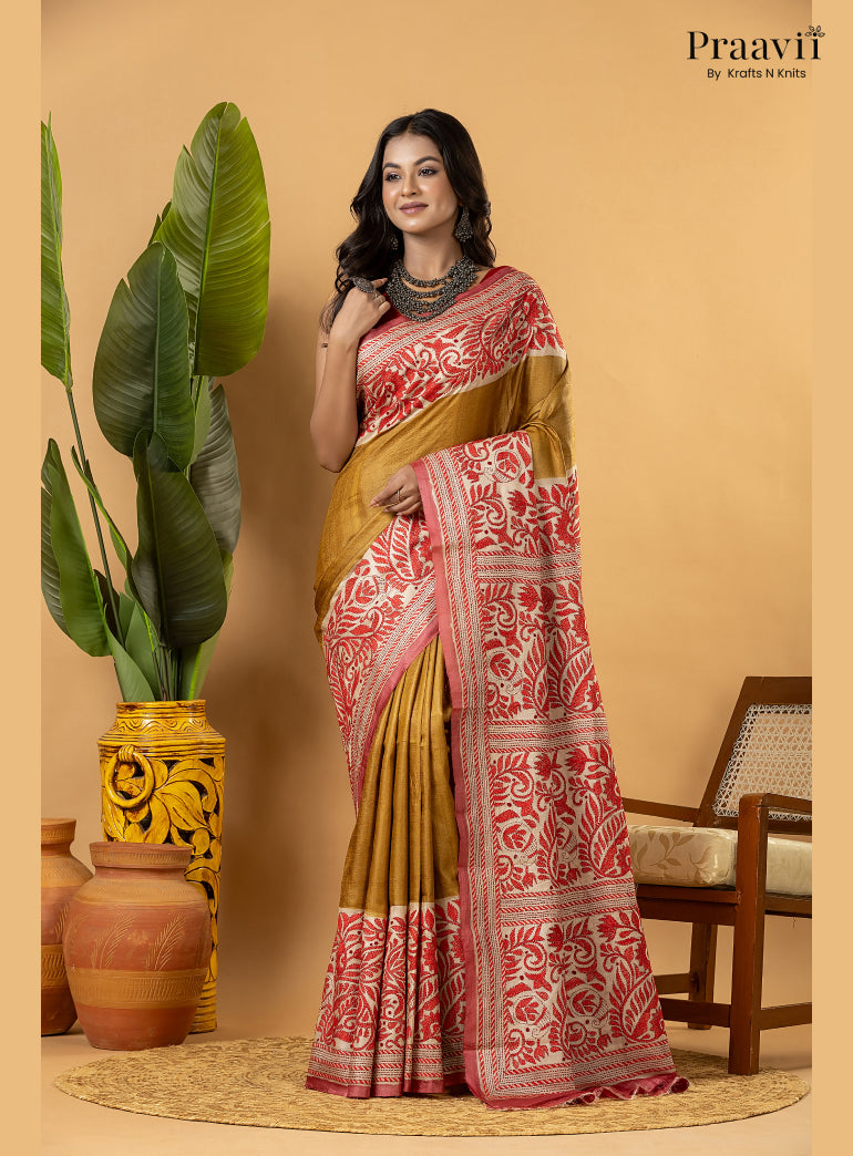 Mustard Pure Gachi by Gachi Tussar Saree with Kantha Stitch