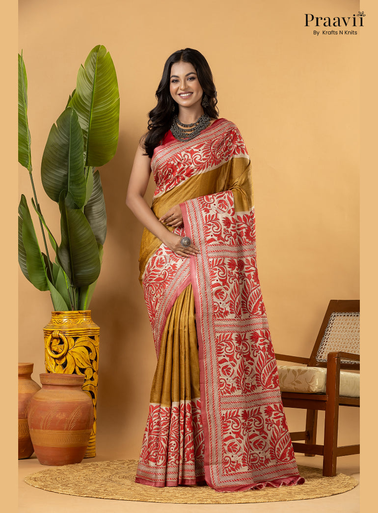 Mustard Pure Gachi by Gachi Tussar Saree with Kantha Stitch