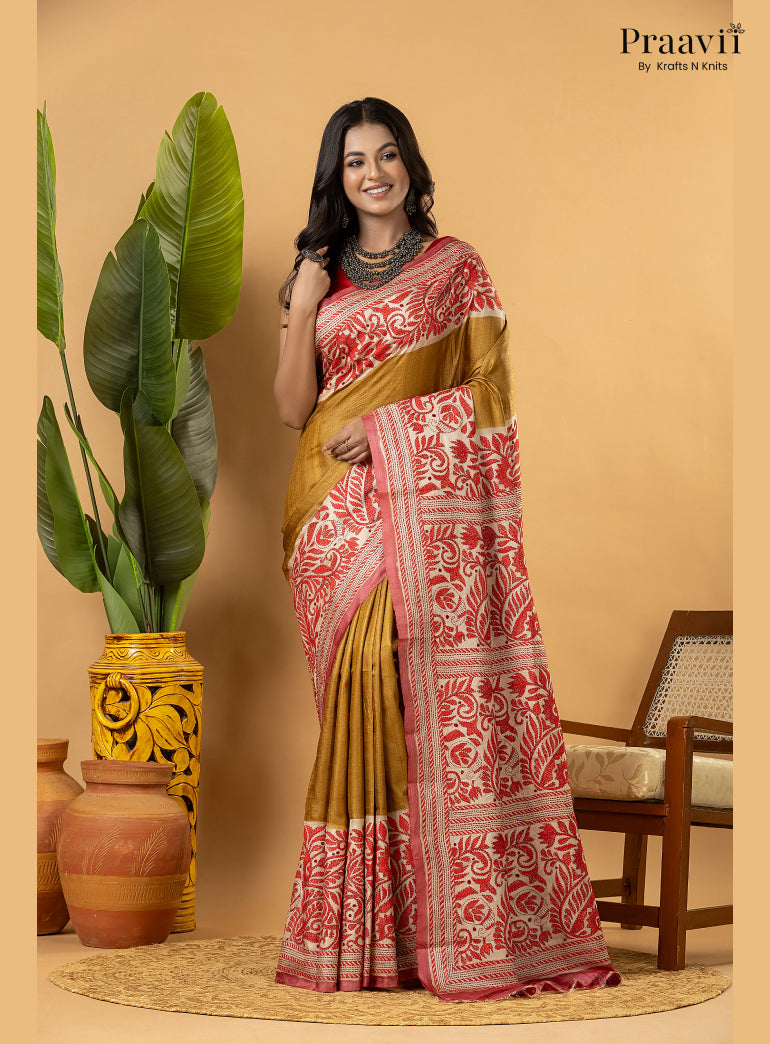 Mustard Pure Gachi by Gachi Tussar Saree with Kantha Stitch