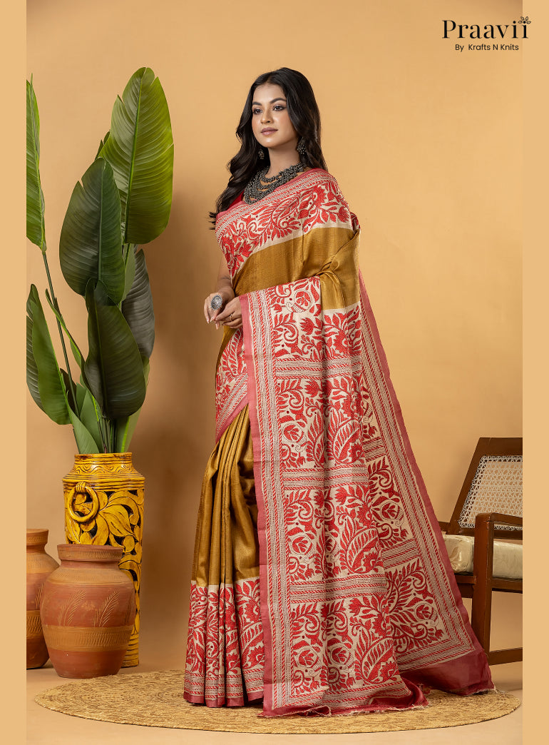 Mustard Pure Gachi by Gachi Tussar Saree with Kantha Stitch