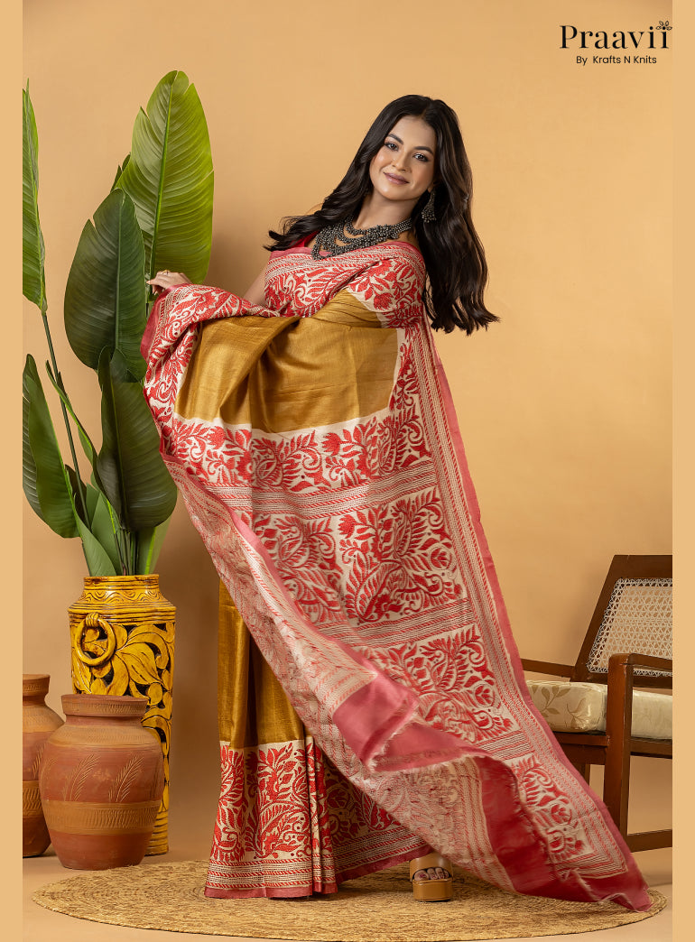 Mustard Pure Gachi by Gachi Tussar Saree with Kantha Stitch