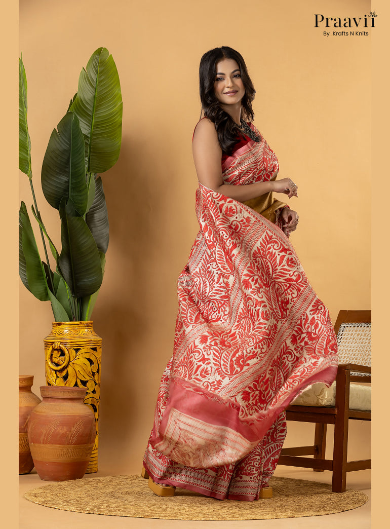 Mustard Pure Gachi by Gachi Tussar Saree with Kantha Stitch
