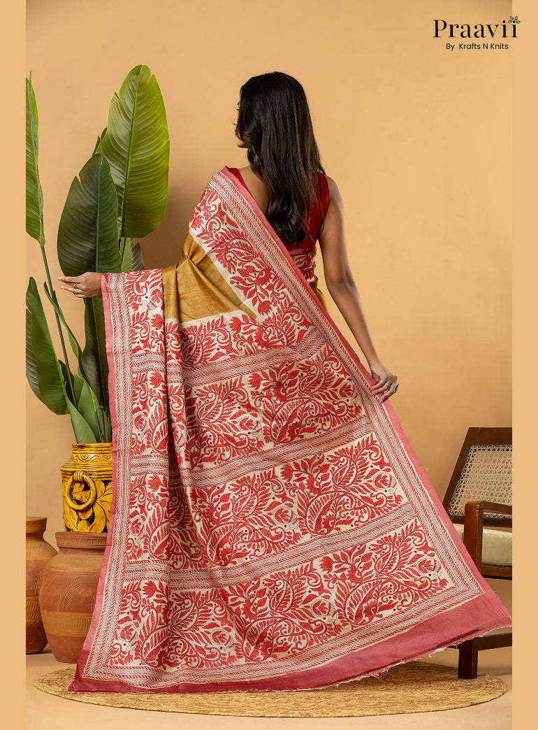 Mustard Pure Gachi by Gachi Tussar Saree with Kantha Stitch