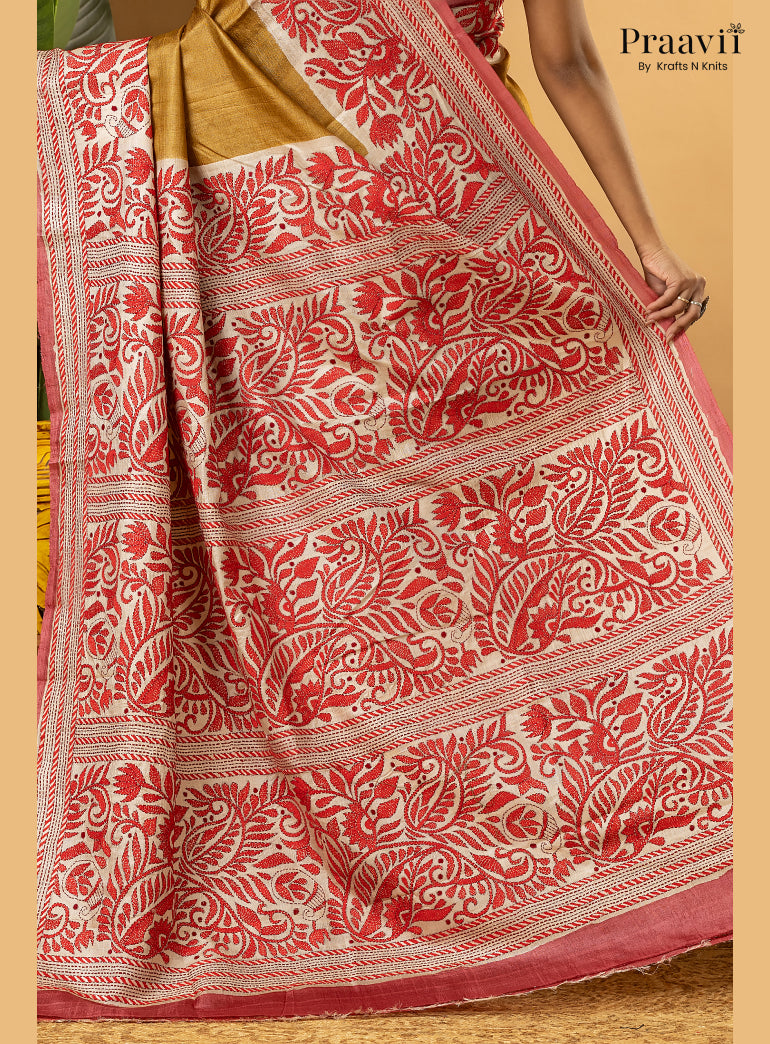 Mustard Pure Gachi by Gachi Tussar Saree with Kantha Stitch
