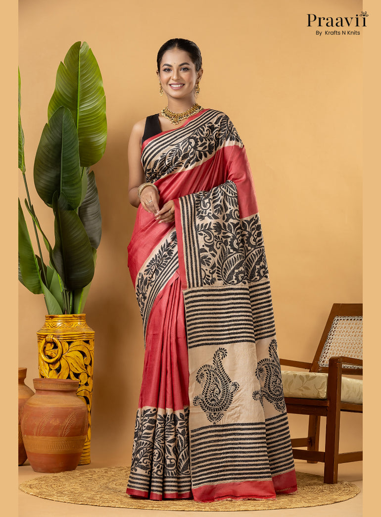 Strawberry Red Pure Gachi by Gachi Tussar Saree with Kantha Stitch