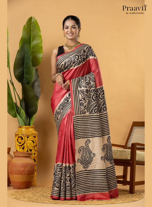 Strawberry Red Pure Gachi by Gachi Tussar Saree with Kantha Stitch