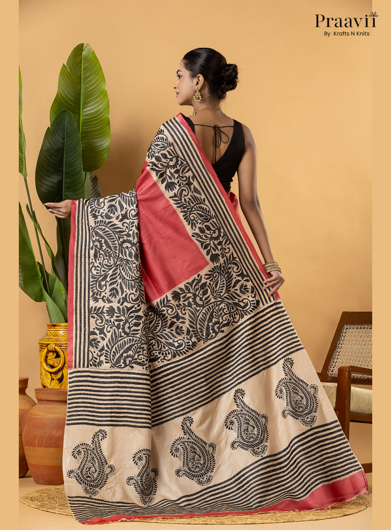 Strawberry Red Pure Gachi by Gachi Tussar Saree with Kantha Stitch