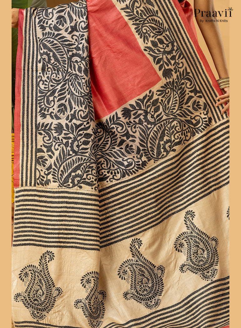 Strawberry Red Pure Gachi by Gachi Tussar Saree with Kantha Stitch
