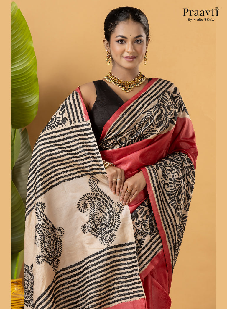 Strawberry Red Pure Gachi by Gachi Tussar Saree with Kantha Stitch