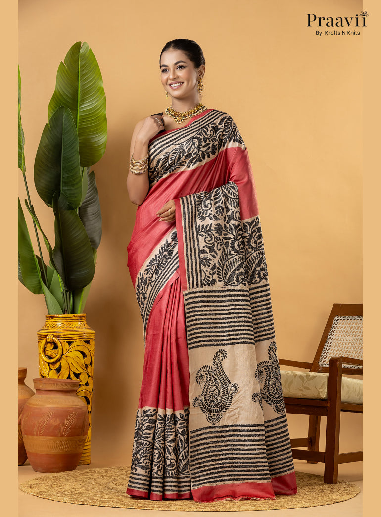 Strawberry Red Pure Gachi by Gachi Tussar Saree with Kantha Stitch