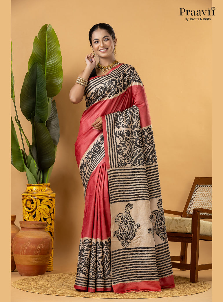 Strawberry Red Pure Gachi by Gachi Tussar Saree with Kantha Stitch