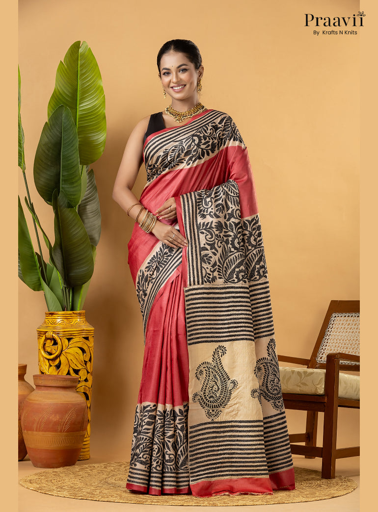 Strawberry Red Pure Gachi by Gachi Tussar Saree with Kantha Stitch