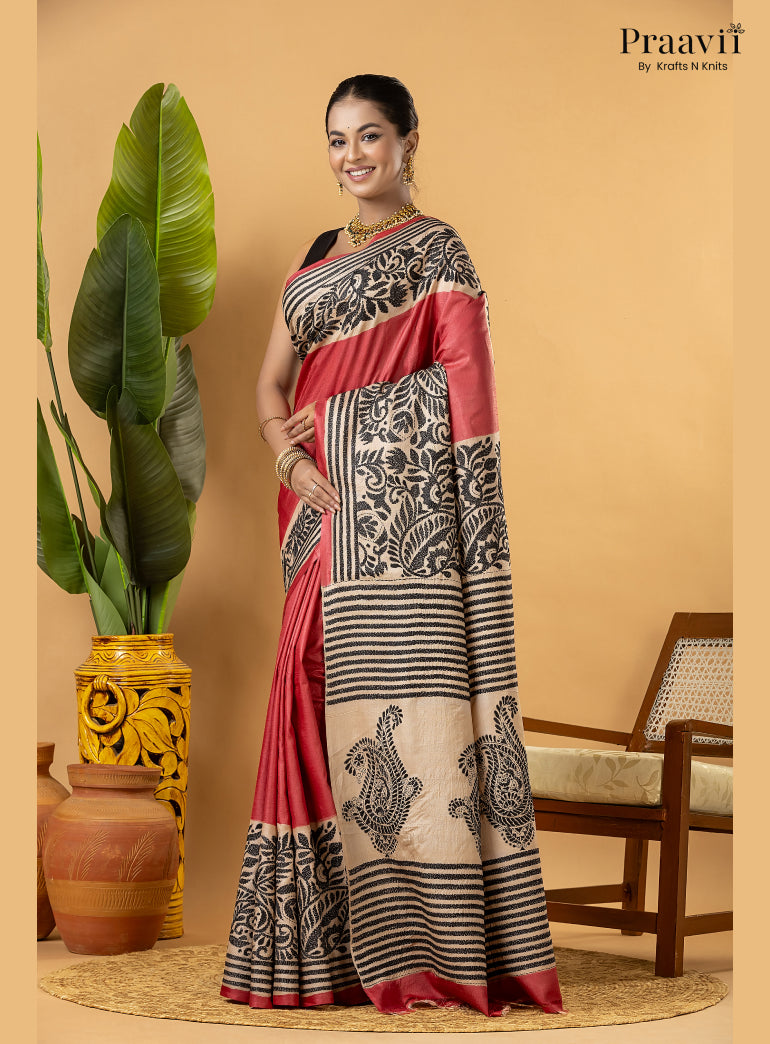 Strawberry Red Pure Gachi by Gachi Tussar Saree with Kantha Stitch