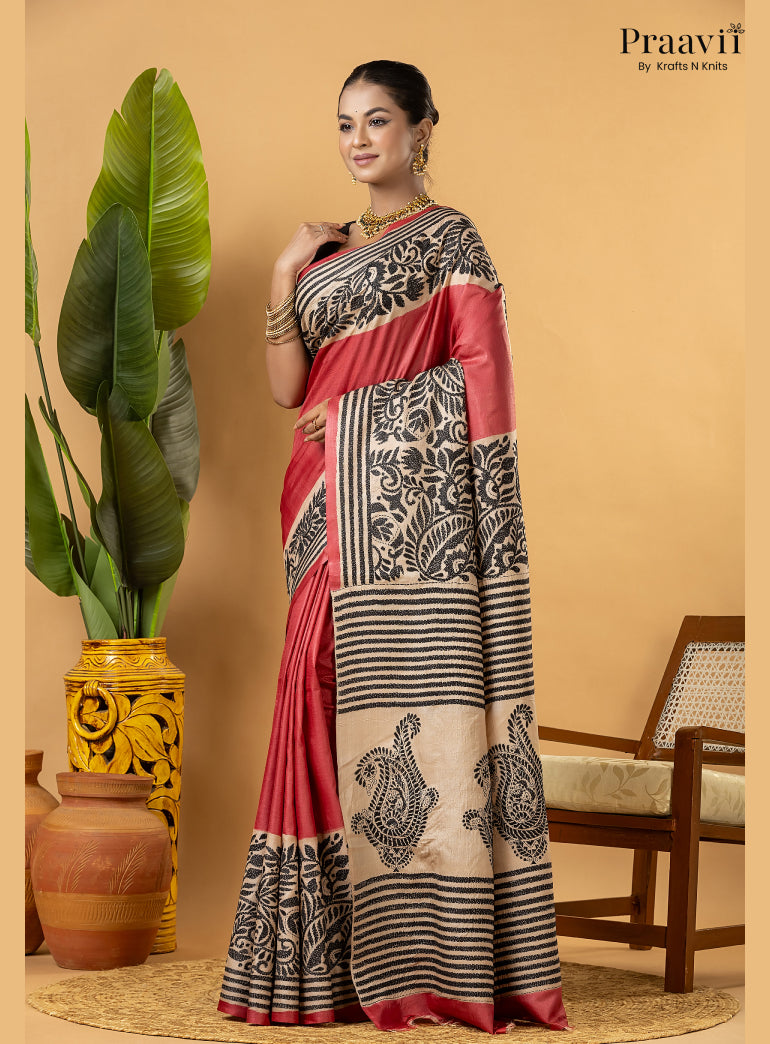 Strawberry Red Pure Gachi by Gachi Tussar Saree with Kantha Stitch