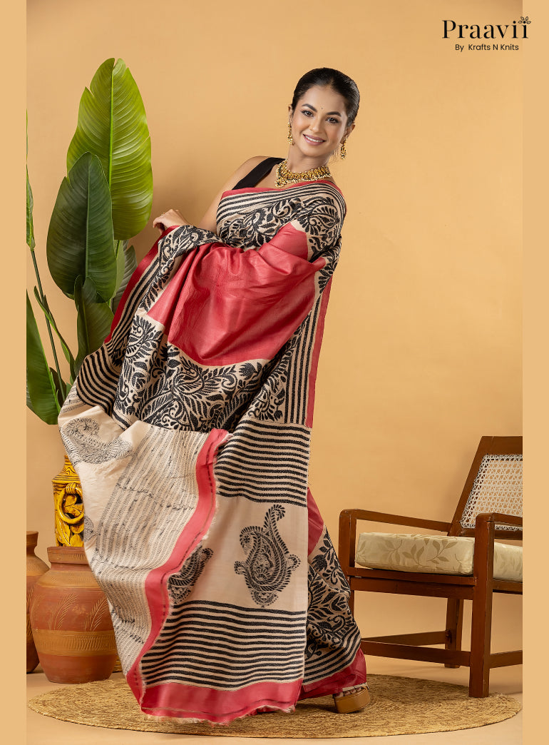 Strawberry Red Pure Gachi by Gachi Tussar Saree with Kantha Stitch
