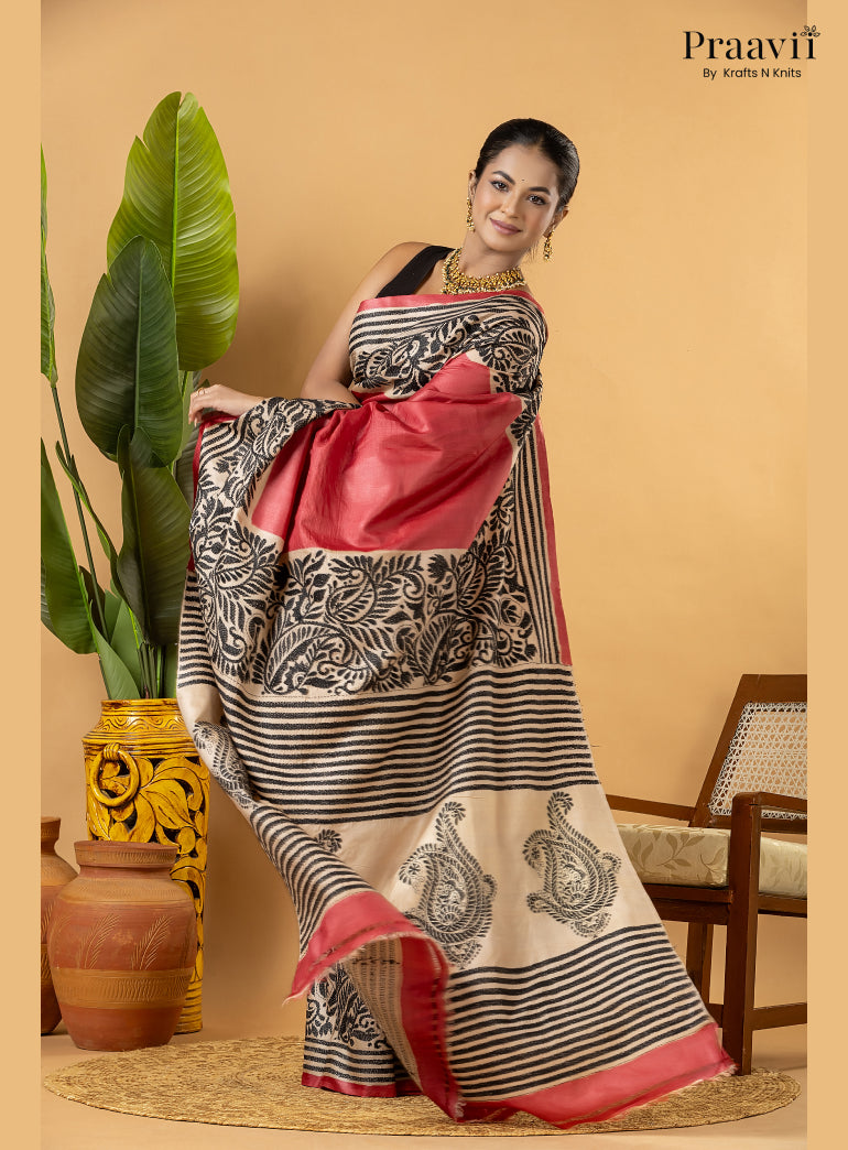 Strawberry Red Pure Gachi by Gachi Tussar Saree with Kantha Stitch