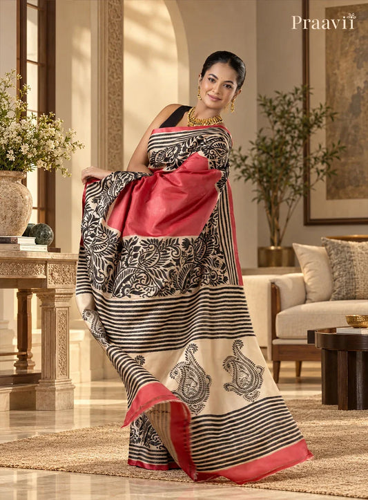 Strawberry Red Pure Gachi by Gachi Tussar Saree with Kantha Stitch