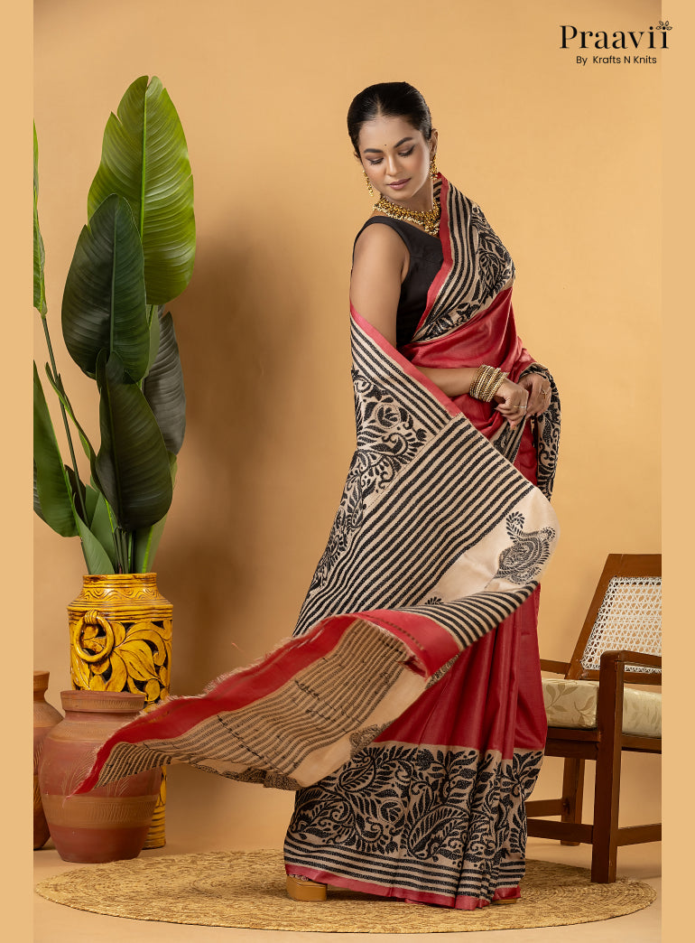 Strawberry Red Pure Gachi by Gachi Tussar Saree with Kantha Stitch