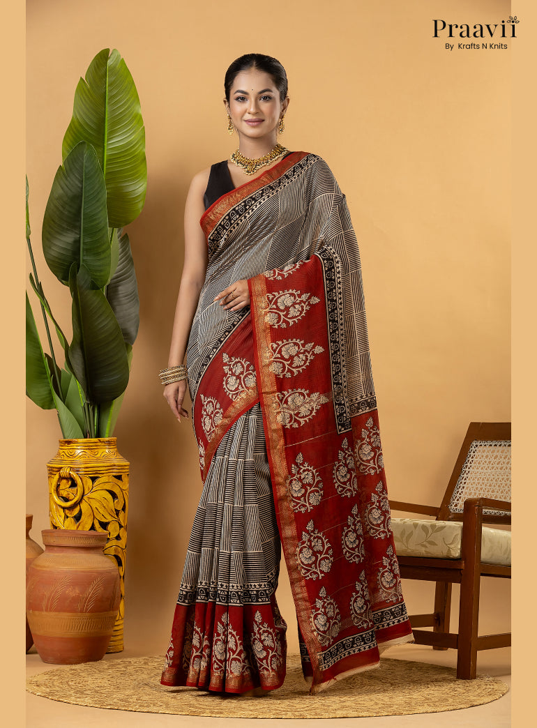 Red Maheshwari Silk by Cotton Saree with Hand Block Print
