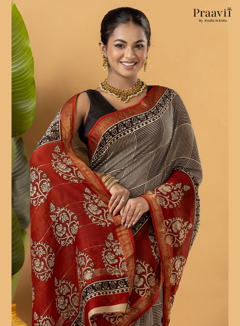Red Maheshwari Silk by Cotton Saree with Hand Block Print