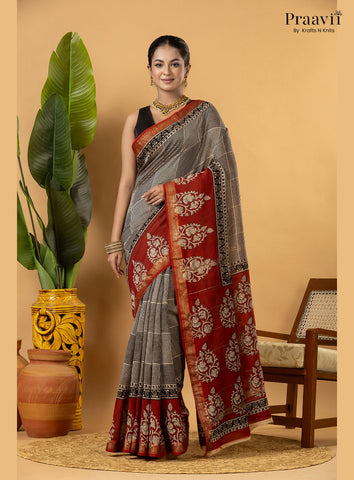 Red Maheshwari Silk by Cotton Saree with Hand Block Print