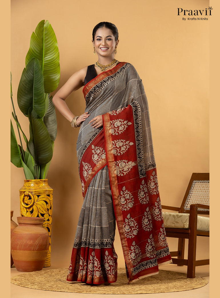 Red Maheshwari Silk by Cotton Saree with Hand Block Print