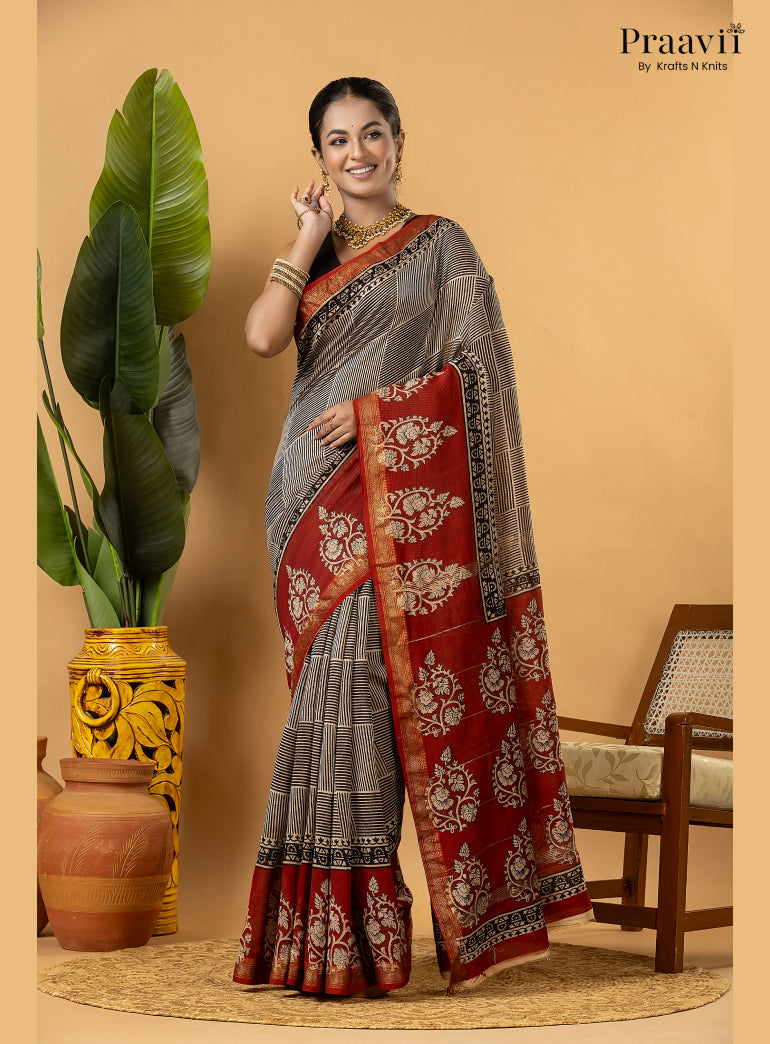 Red Maheshwari Silk by Cotton Saree with Hand Block Print