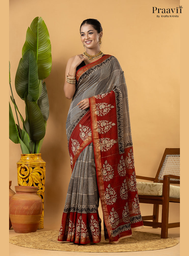 Red Maheshwari Silk by Cotton Saree with Hand Block Print
