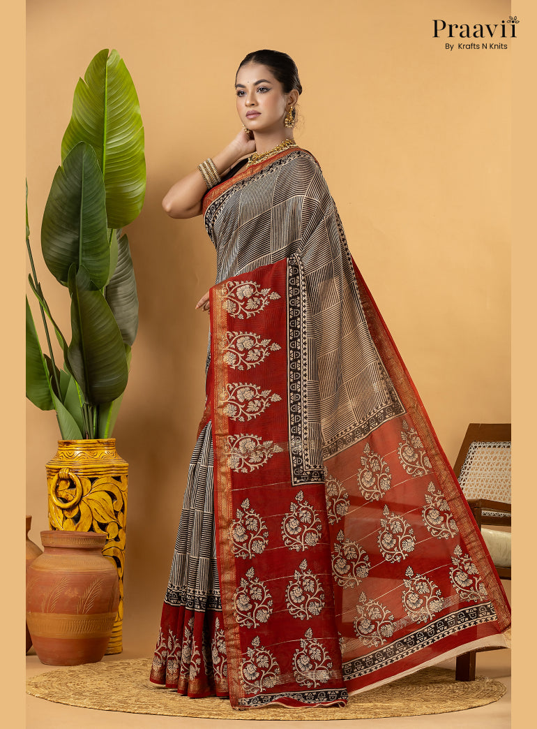 Red Maheshwari Silk by Cotton Saree with Hand Block Print
