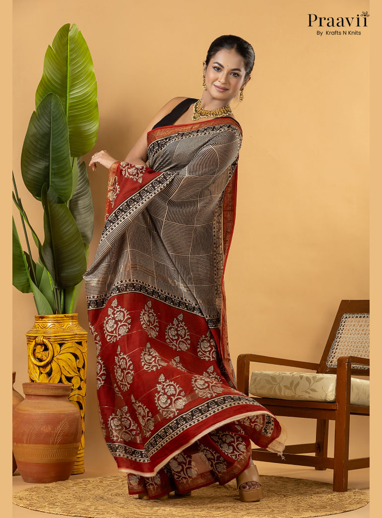 Red Maheshwari Silk by Cotton Saree with Hand Block Print