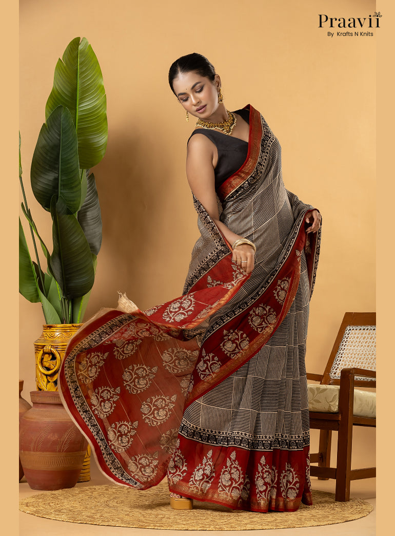 Red Maheshwari Silk by Cotton Saree with Hand Block Print