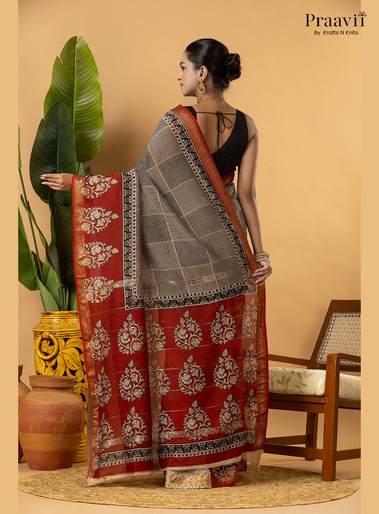 Red Maheshwari Silk by Cotton Saree with Hand Block Print