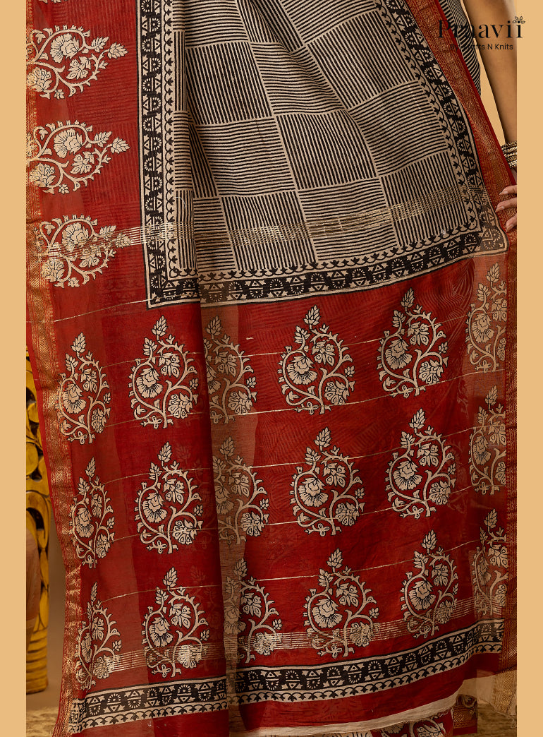Red Maheshwari Silk by Cotton Saree with Hand Block Print