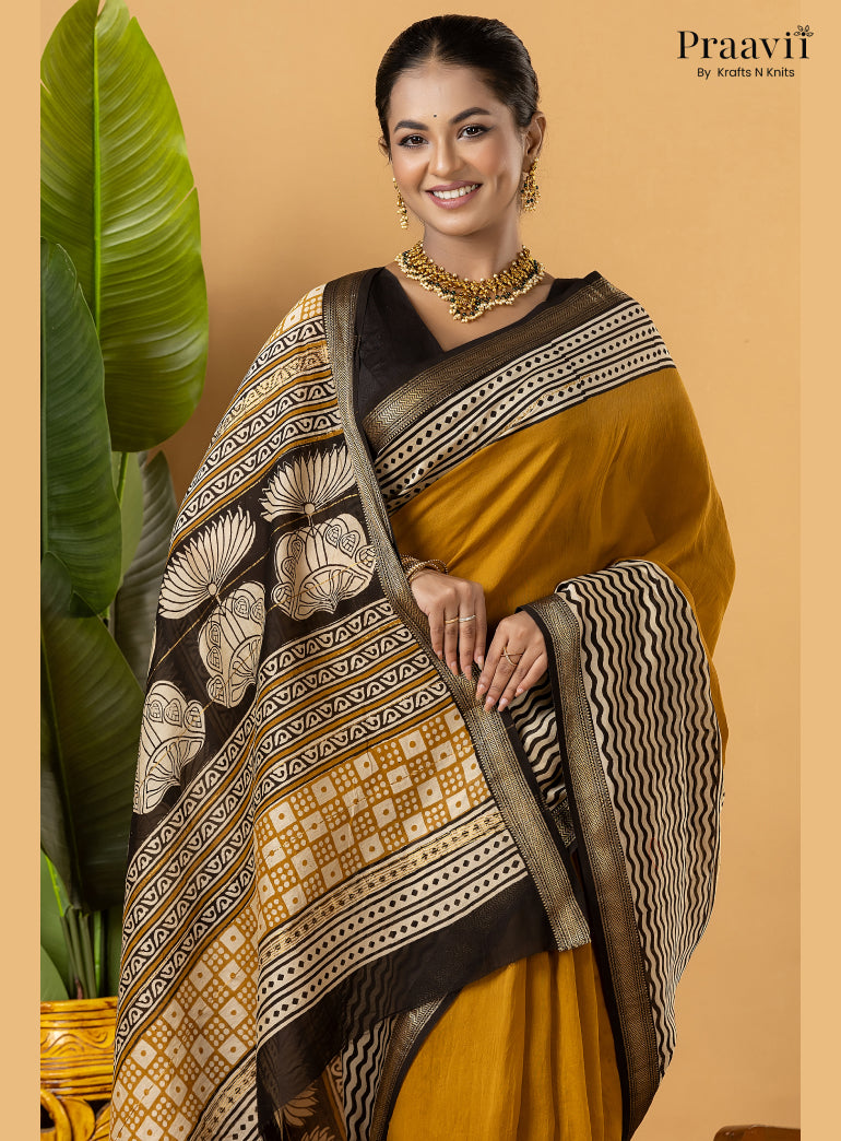 Mustard Maheshwari Silk by Cotton Saree with Hand Block Print