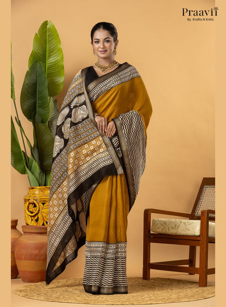 Mustard Maheshwari Silk by Cotton Saree with Hand Block Print