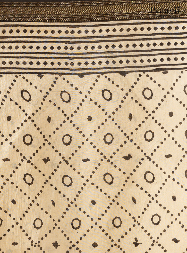 Mustard Maheshwari Silk by Cotton Saree with Hand Block Print